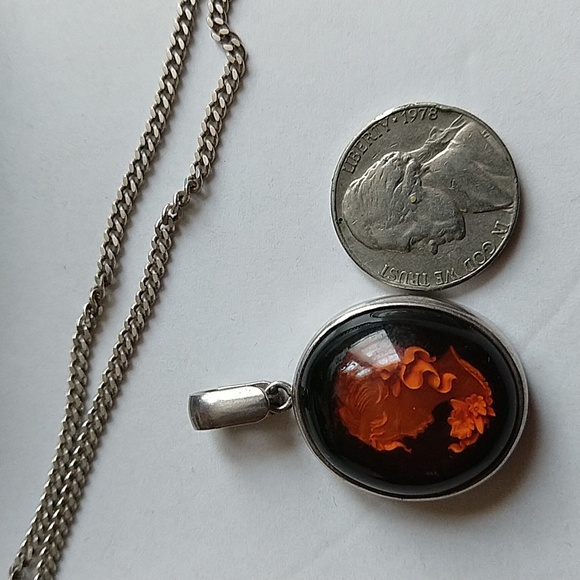 Polish carved amber lady woman sterling silver 925 chain necklace pendant charm
